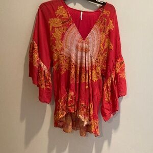 FREE PEOPLE Red and Gold Women's bohemian Top
